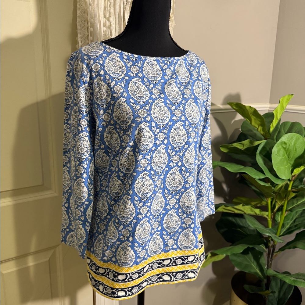 Talbots Blue and White Paisley Blouse with Yellow Accents - Picture 1 of 4